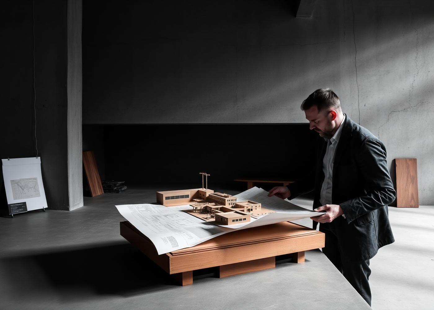 Equipo de arquitectura revisando maqueta y planos de un desarrollo